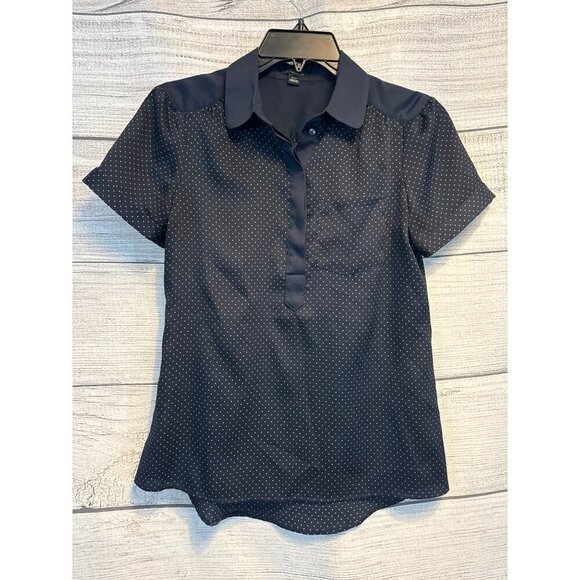 Ann Taylor Navy Polka Dot Short Sleeve Blouse XSP - Picture 1 of 3